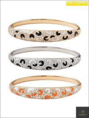 18K Gold Plated Enamel Bangle Bracelet Set Rhinestone Jewelry Gift